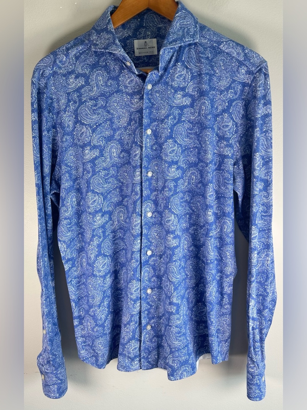 Emanuel Berg Modern Fit Men’s Button Up Shirt Size M Blue Paisley Long Sleeve